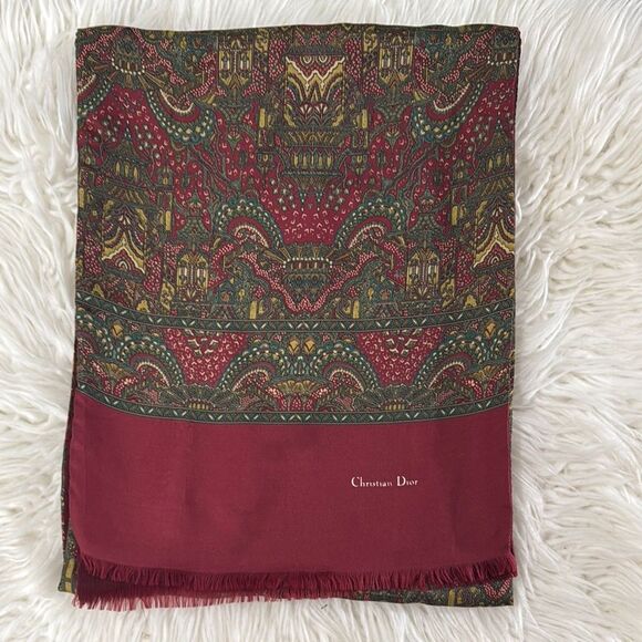 Christian Dior Vintage Silk - Wool Burgundy and Green Paisley Scarf - Picture 1 of 6